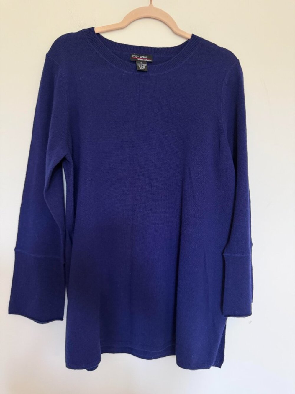 Evelyn Grace 100% Cashmere Crew Neck Tunic Sweater Quiet Luxury Lounge Blue - 1X